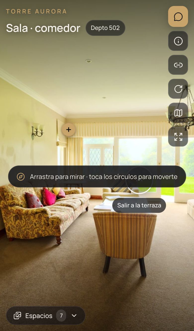 Recorrido 360° de la sala abierto en un celular