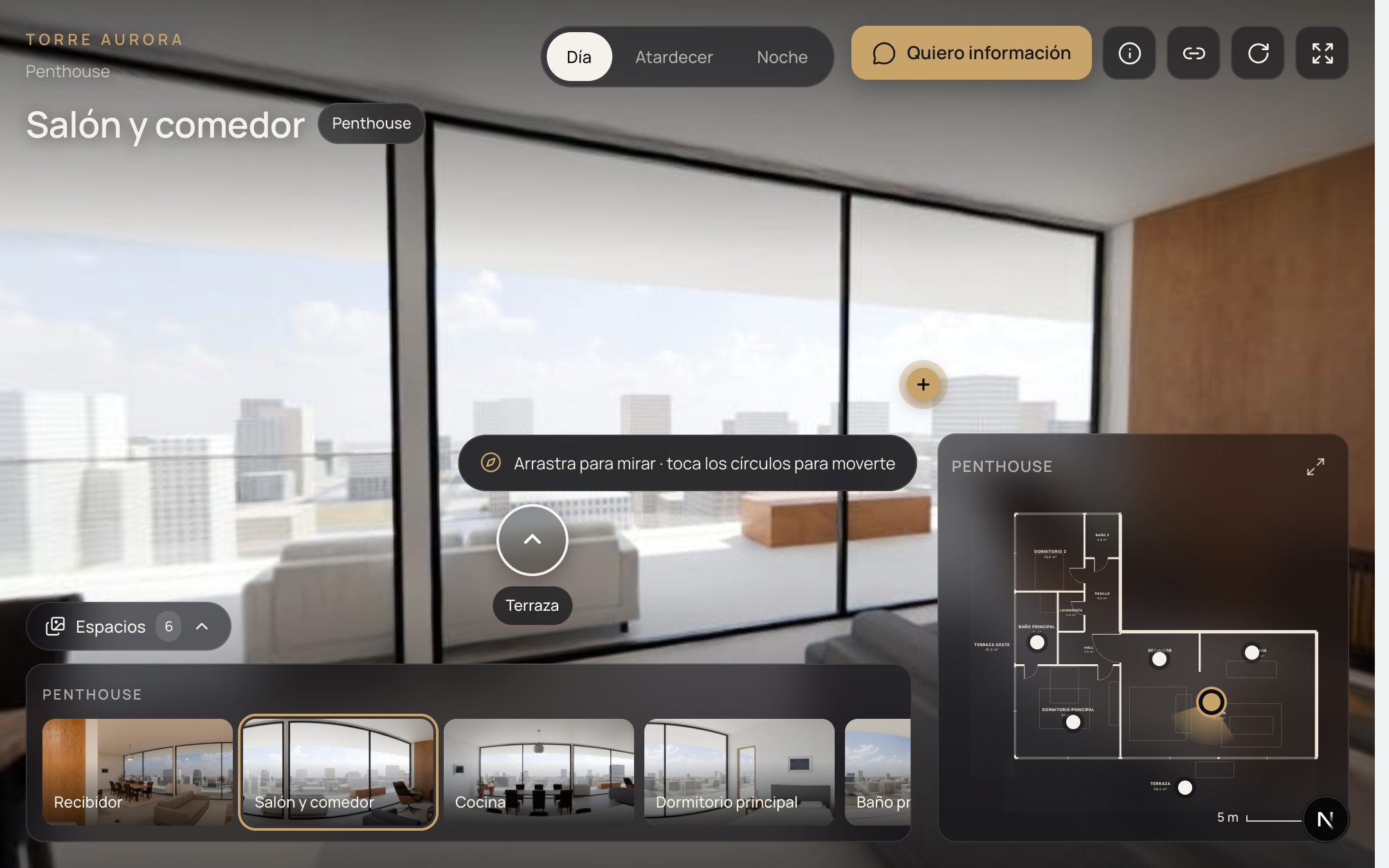 Salón del penthouse de Torre Aurora en el visor 360°